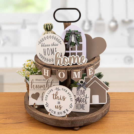12PCS Farmhouse Tiered Tray Decor Set Sweet Home Tiered Tray Decorations Home Rustic Wooden Signs Decorative Farmhouse Kitchen Table Decor for Dining Room Country Summer Shelf Centerpiece Gift